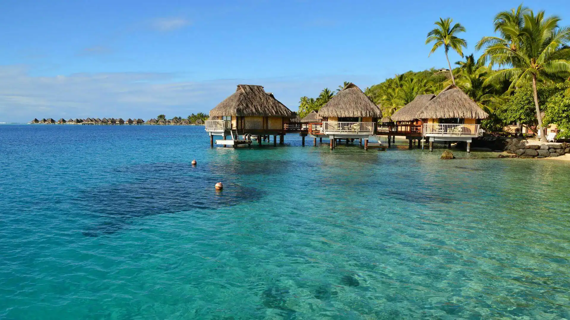Övervattenbungalows i Bora Bora, Franska Polynesien.