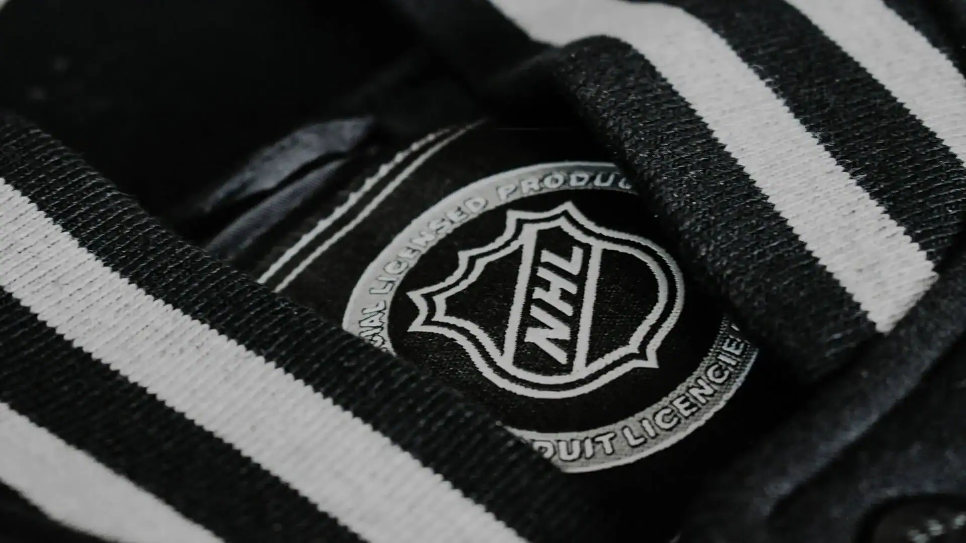 En hockeypuck med NHL-logotyp under en hockeytröja.